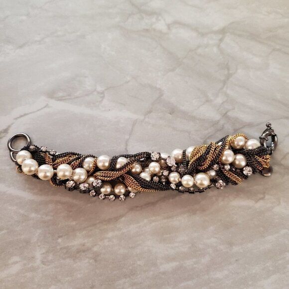 ✨ Vintage J.Crew Pearl Chain Twisted Rhinestones Crystals Statement Bracelet ✨ - Picture 1 of 12